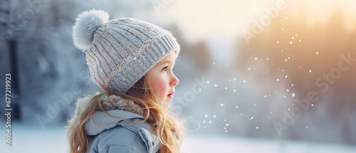 side view of a modern 4 years girl kid wearing casual clothes playing in the snow, blurred foliage background