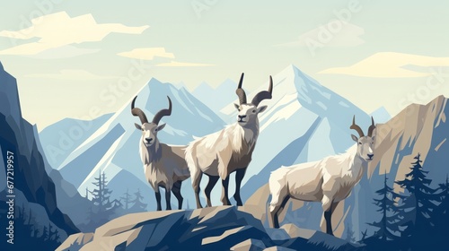 mountain goats, rocky peak, outdoor, flat design, copy space, 16:9