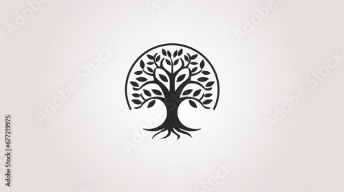 minimalist tree logo in black and white color outline, copy space, 16:9