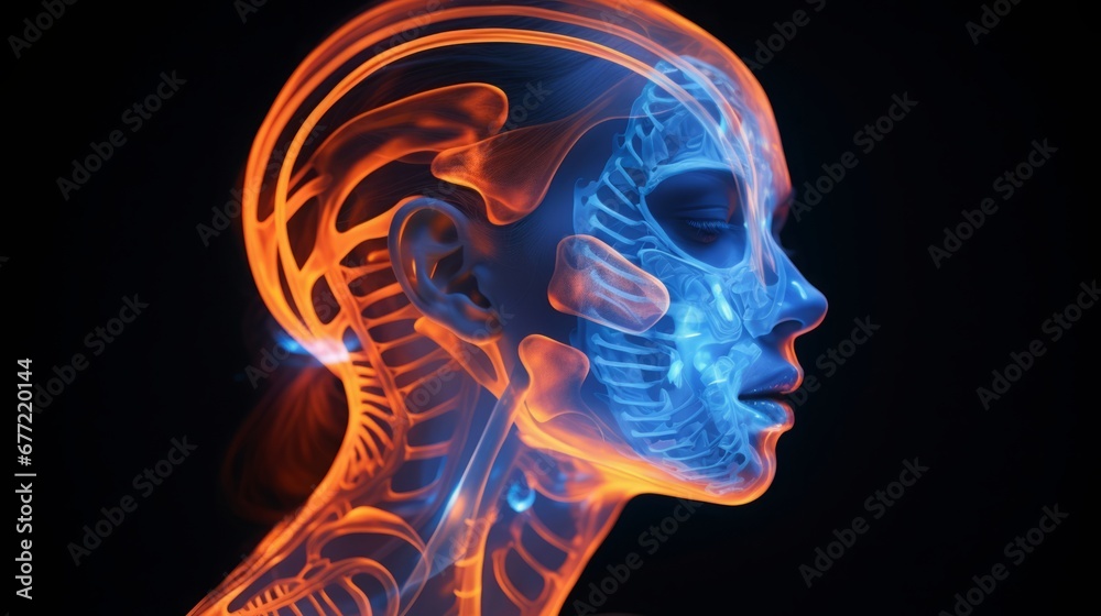 female human using glow in the dark, in the style of orange and indigo, exaggerated anatomy, copy space, 16:9