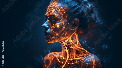 female human using glow in the dark, in the style of orange and indigo, exaggerated anatomy, copy space, 16:9