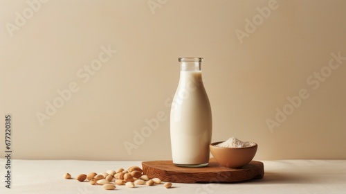 beige background  a milk bottle and peanuts for sale  in the style of minimal retouching  copy space  16 9