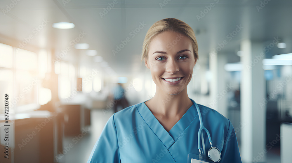 Fototapeta premium Close-up of a nurse, smiling, young and attractive woman, hospital, clinic. Generative IA