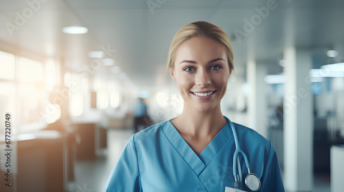 Close-up of a nurse, smiling, young and attractive woman, hospital, clinic. Generative IA photo