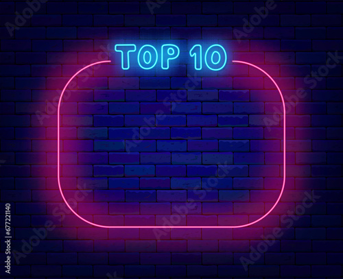 Top 10 neon flyer. Pink ellipse frame. Winning music frame. Hit parade. Glowing banner. Vector stock illustration