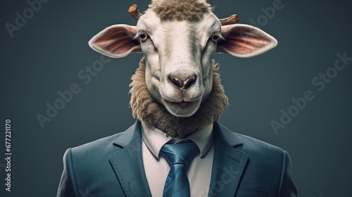  a sheep wearing a suit and tie with a sheep's head in the middle of it's face. generative ai