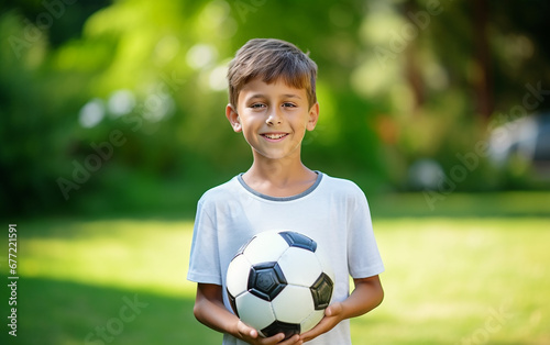 The boy holds a soccer ball in his hands. Young athlete on a green meadow. © Malchevska Studio