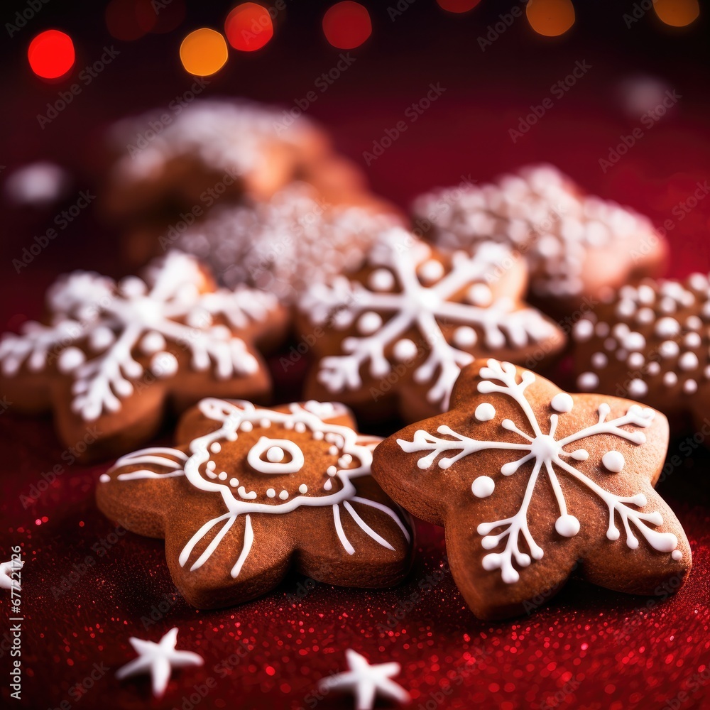 Tasty decorated gingerbread on a red background. Christmas pastry. Generative AI.