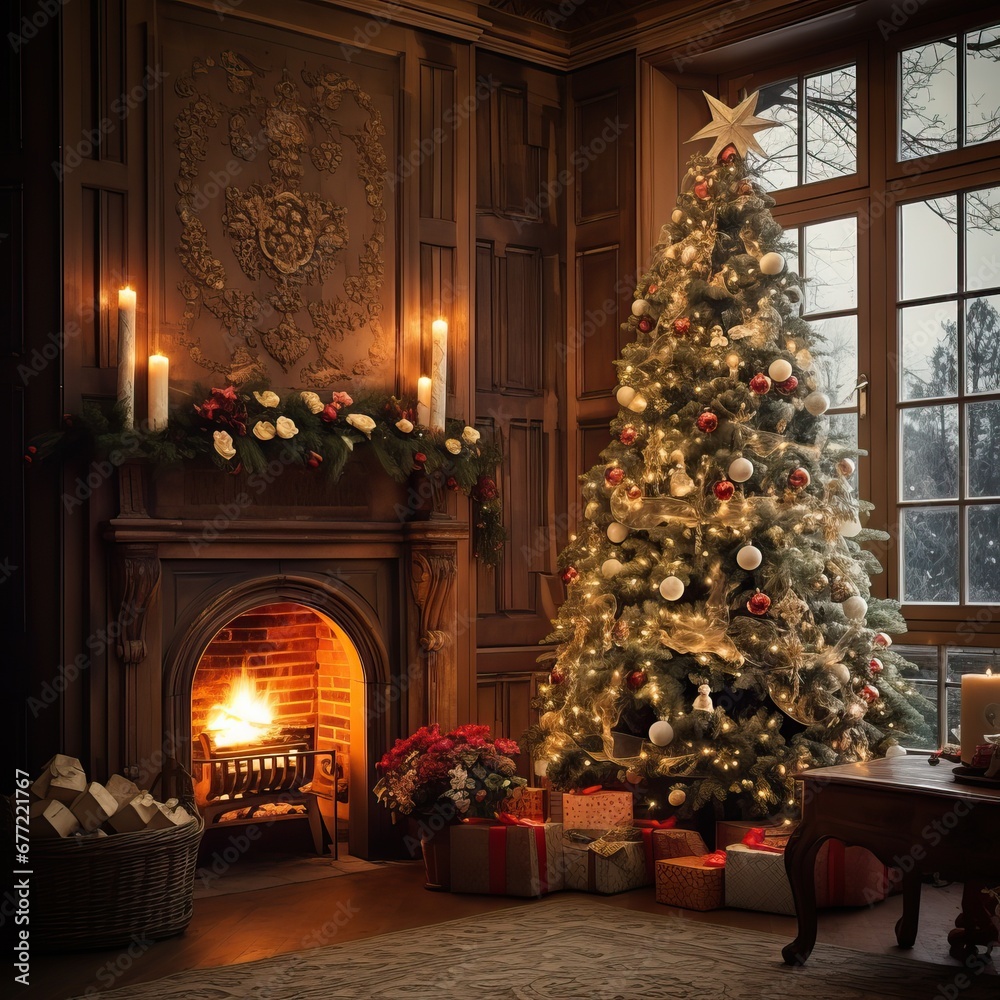 A cozy living room in a family house with Christmas decorations and a Christmas tree. Generative AI.
