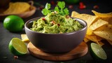 Guacamole in a bowl served chips and lime 