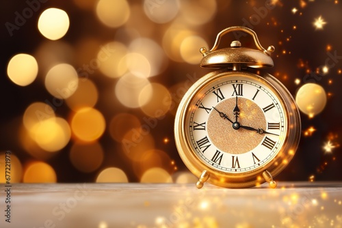 Close up of beautiful golden antique clock with roman numerals on a festive lights background