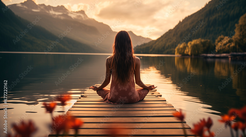 Young woman meditating for mental health on a wooden pier on the edge of a lake to improve focus yoga lifestyle - obrazy, fototapety, plakaty 