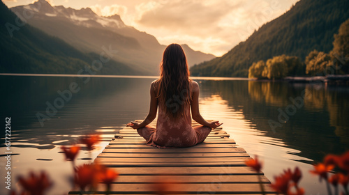 Young woman meditating for mental health on a wooden pier on the edge of a lake to improve focus yoga lifestyle photo