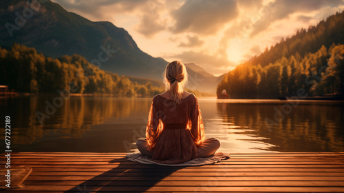 Young woman meditating for mental health on a wooden pier on the edge of a lake to improve focus yoga lifestyle photo