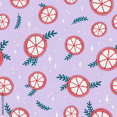 Vector seamless pattern with orange slices, branches, sparkles on lilac background. Merry Christmas and New Year symbol texture. Hand drawn festive design for textile, wrapping, prints, wallpaper