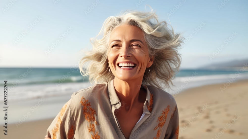 image of happy mature woman at the beach image of happy mature woman at the beach