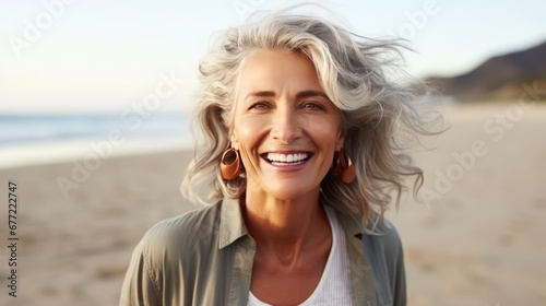 image of happy mature woman at the beach photo