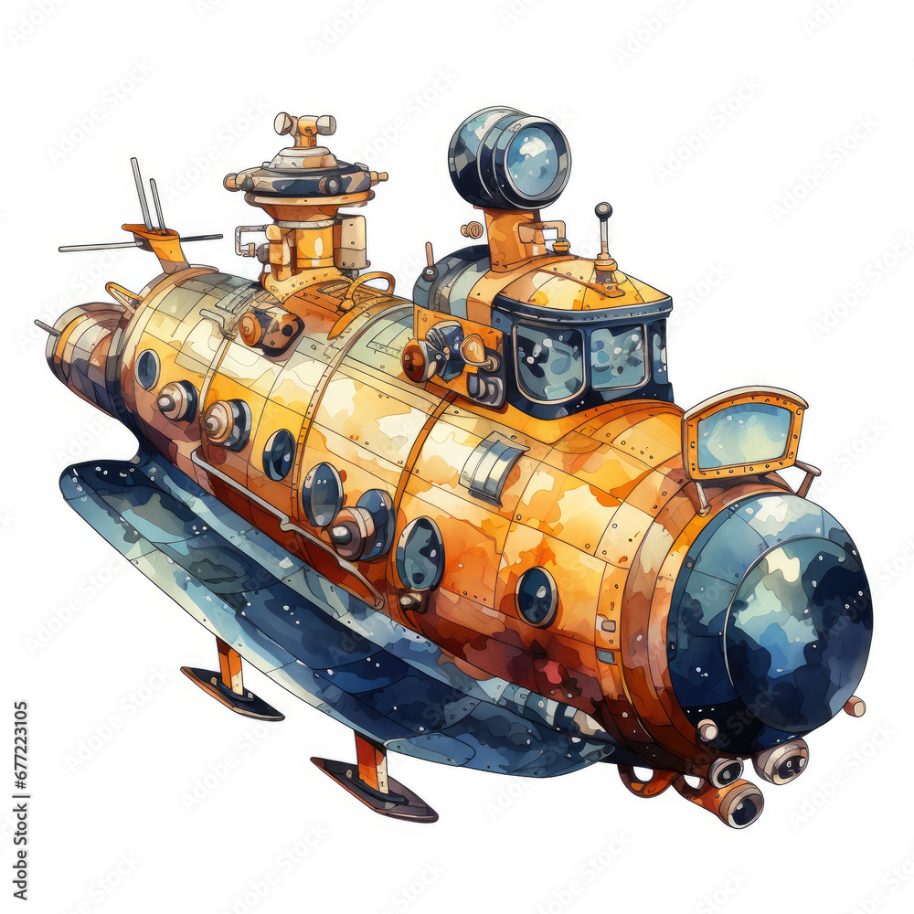 watercolor Submarine clipart, Generative Ai