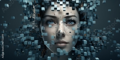 Face Formed by Squares Reflects Artificial Intelligence, AI, and the Matrix of Binary Thinking, Creating a Fusion of Digital Artistry and Futuristic Creativity