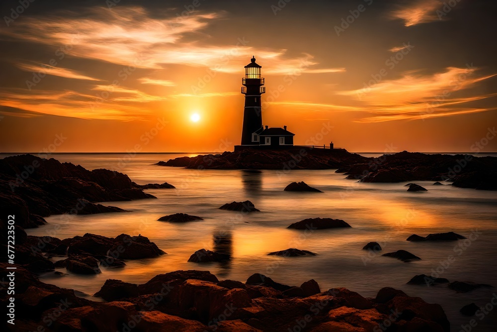 Silhouette of a lighthouse at sunset
