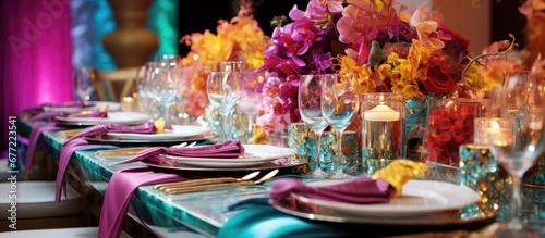 The background of the table was adorned with a floral design featuring vibrant and colorful flowers inspired by nature creating a festive and celebratory atmosphere A book about fashion and 