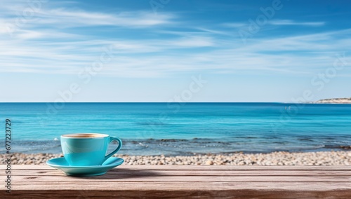 Blue Coffee Cup with Ocean View