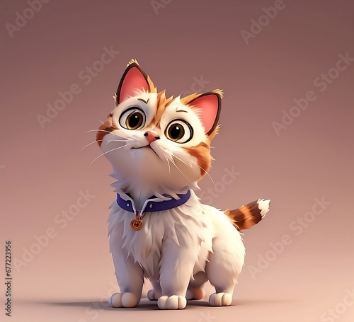 Cartoon character 3d cat. Cartoon character kitten 3d illustration for children. Cute cat print for clothes  stationery  books. Toy kitten 3D character banner  background. 