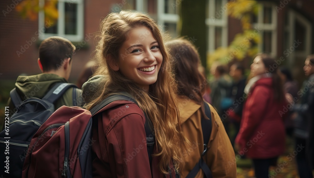 Obraz premium Happy young female student with backpack standing in front of students in university campus
