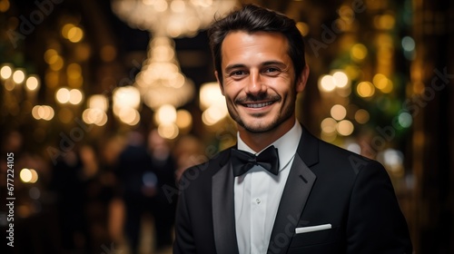Portrait of young handsome man in tuxedo at night club