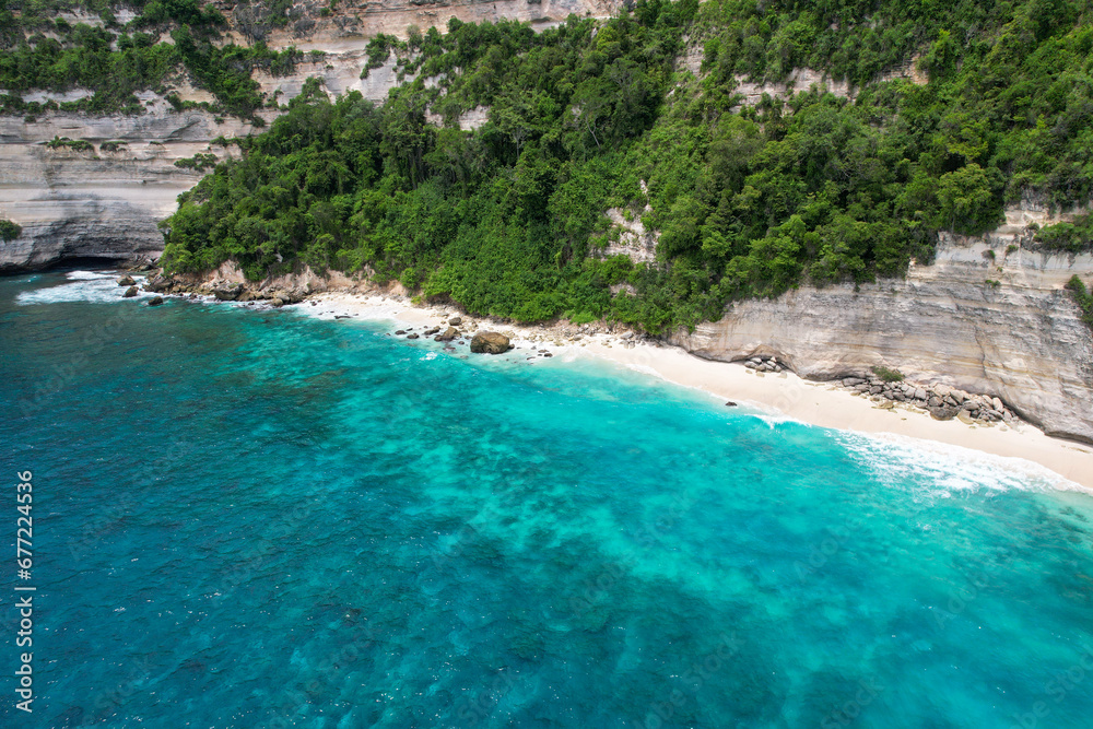 Drone view of Suwehan Beach on sunny day. Nusa Penida Island, Indonesia.