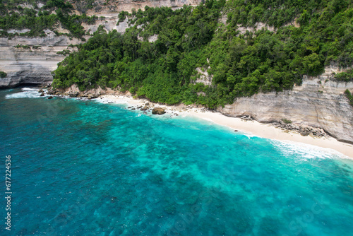Drone view of Suwehan Beach on sunny day. Nusa Penida Island  Indonesia.