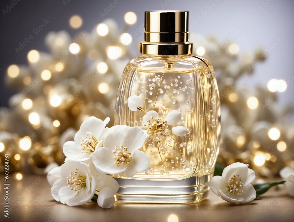 white and golden perfume bottle surrounded by white flowers and roses. Festive atmosphere with golden lights. still life photographic set. Product photography white and golden perfume bottle surrounded by white flowers and roses. Festive atmosphere with golden lights. still life photographic set. Product photography