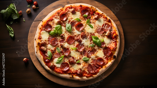 Beautiful and tasty pizza with salami and basil on a table