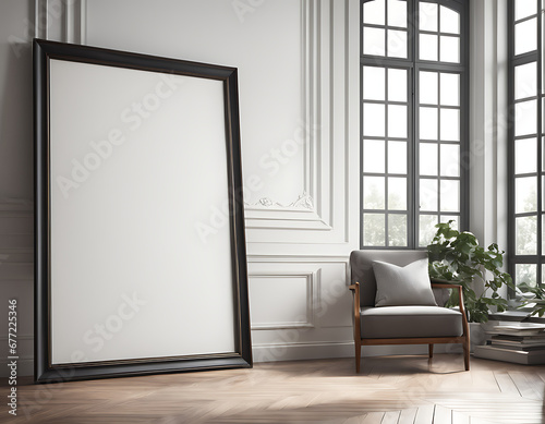 blank white, pleasant interior featuring an empty poster frame. internal frame mockup © Simo