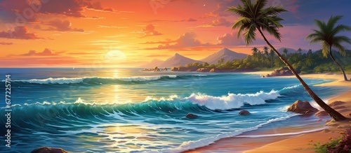 The beautiful summer sunset over the ocean creates a breathtaking landscape as the white sand blends with the blue sea and the sky reflects in the calm waters painting a perfect background  photo