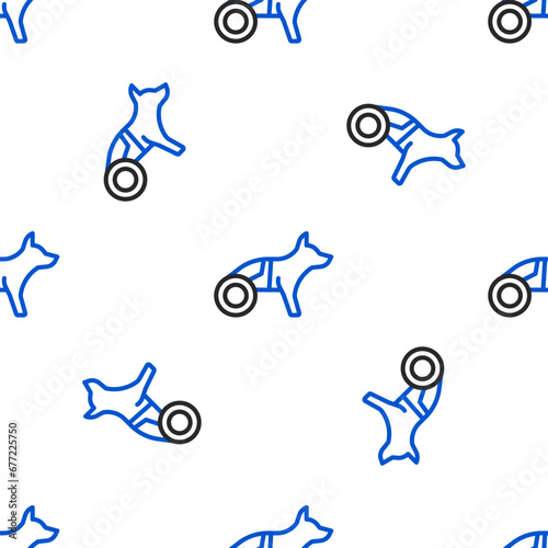 Line Paralyzed dog in wheelchair icon isolated seamless pattern on white background. Colorful outline concept. Vector