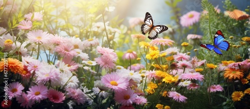 The beautiful garden was adorned with colorful flowers and vibrant green plants creating a stunning backdrop for the white butterflies fluttering in the warm summer air showcasing the beaut photo