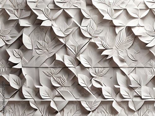 White geometric floral leaves 3d tiles wall texture background banner panorama. Generative Ai