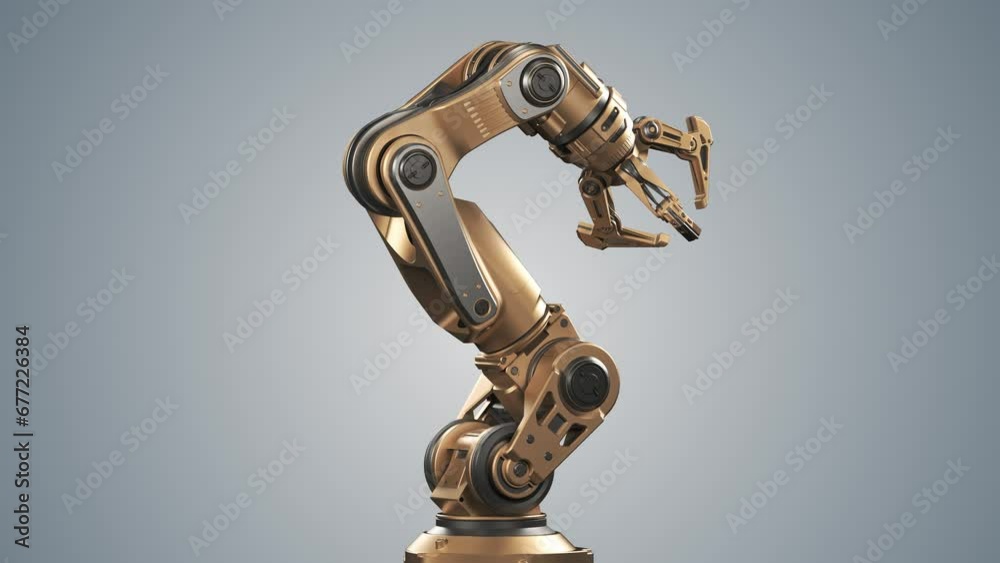 Robotic arm or yellow mechanical hand in turntable. Industrial robot manipulator showcase. Futuristic technology. Isolated on color background with alpha. 3d rendering animation