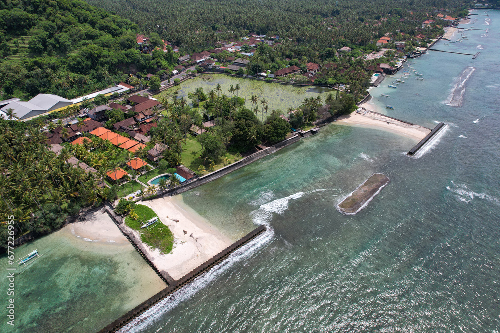 Drone view of Lotus Logoon on sunny day. Candidasa Beach, Bali, Indonesia.