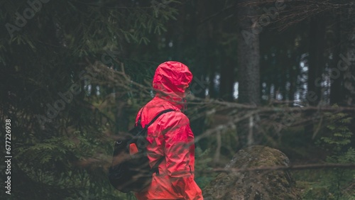 Man in a red jacket in the forest