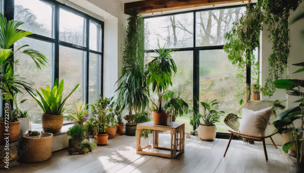 Nature's Embrace, Blur indoor-outdoor lines in a Scandinavian living room with large windows, potted plants, and wooden accents.
