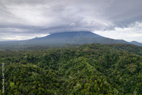 Aerial view of Mount Agung on cloudy day. Bali, Indonesia.