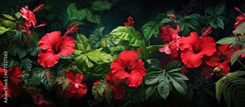 The beautiful background of the garden was filled with the vibrant colors of green leaves and red hibiscus flowers creating a breathtaking display of nature s own art photo