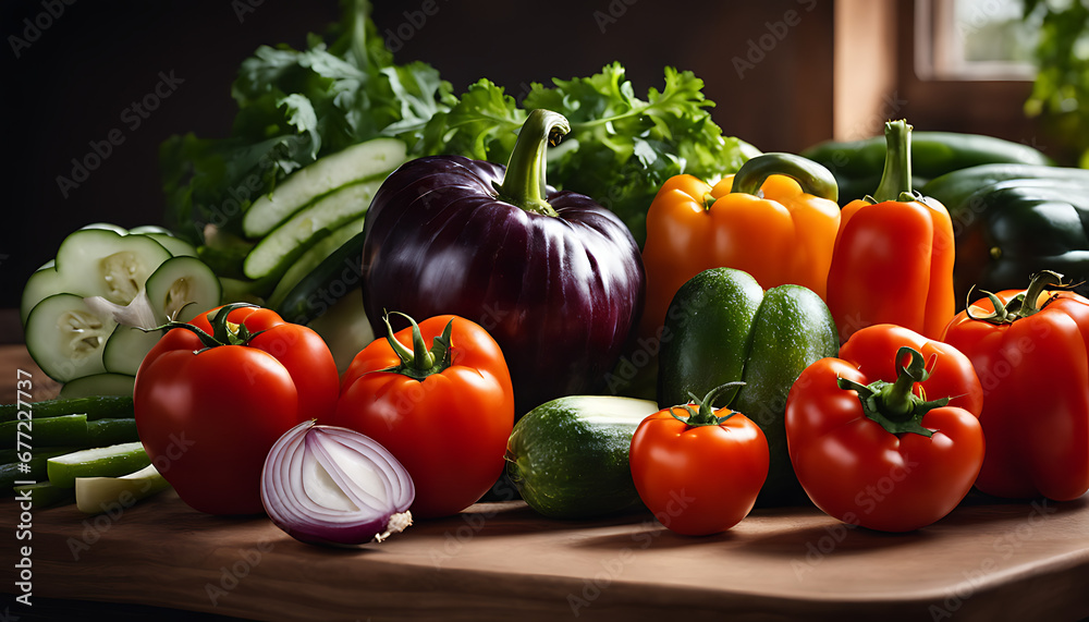 a variety of cut-up vegetables on a table. The vegetables include tomatoes, cucumbers, carrots, onions, and bell peppers. They are all arranged in a neat and tidy way.