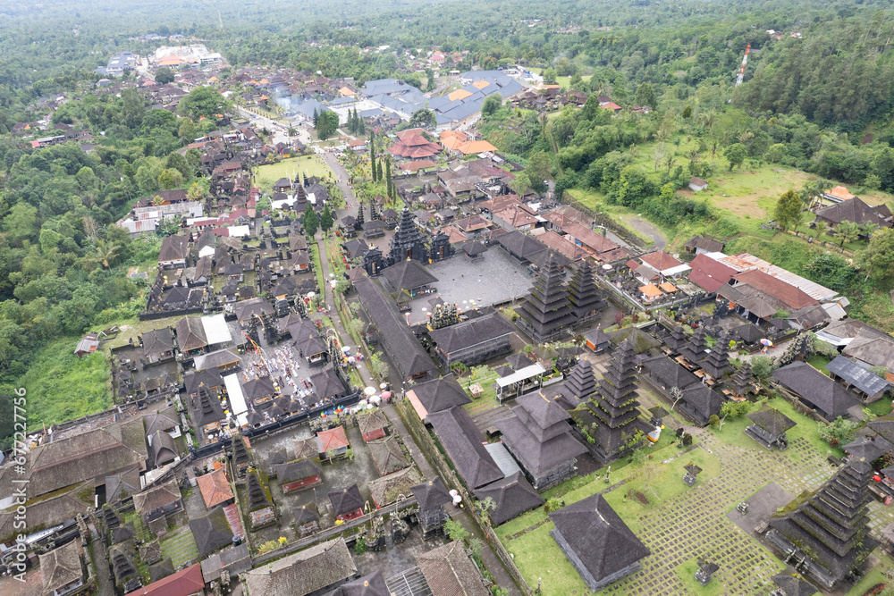 View of Pura Agung Besakih hindu temple on cloudy day. Bali, Indonesia.