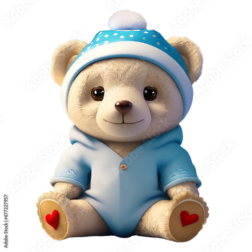 A stuffed animal toy of a cute teddy bear wearing blue baby clothes. Generative ai