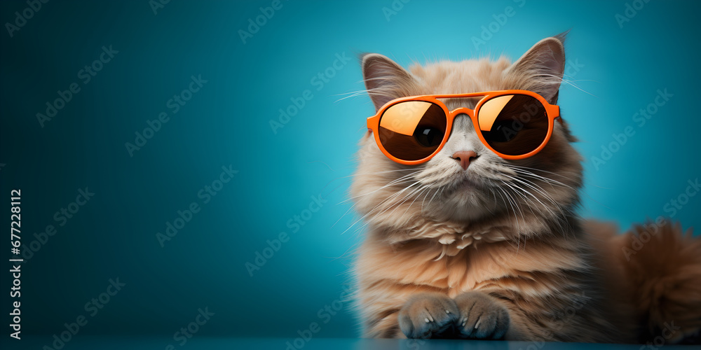 Cat wearing sunglasses on a dark turquoise background, banner with empty space for inserting text and logo, digital art, panoramic background, minimalist