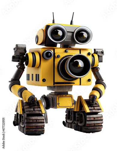 A cute yellow robot has a camera lens on a transparent background PNG.