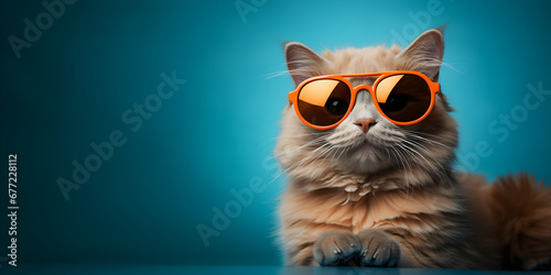Cat wearing sunglasses on a dark turquoise background, banner with empty space for inserting text and logo, digital art, panoramic background, minimalist © Patrizia Paradiso